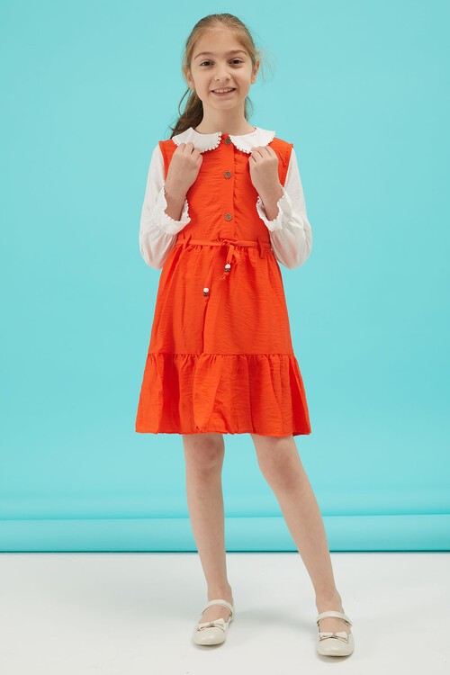 Turuncu Kız Çocuk Kuşaklı Dantel Yaka Elbise 15175