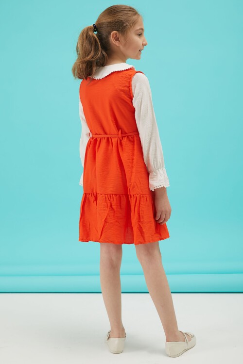 Turuncu Kız Çocuk Kuşaklı Dantel Yaka Elbise 15175