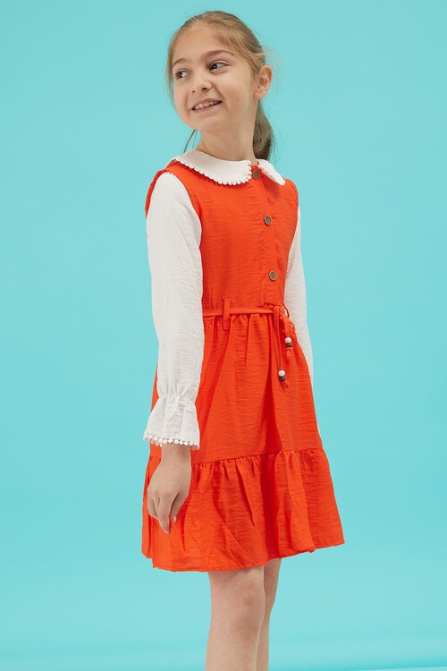 Turuncu Kız Çocuk Kuşaklı Dantel Yaka Elbise 15175