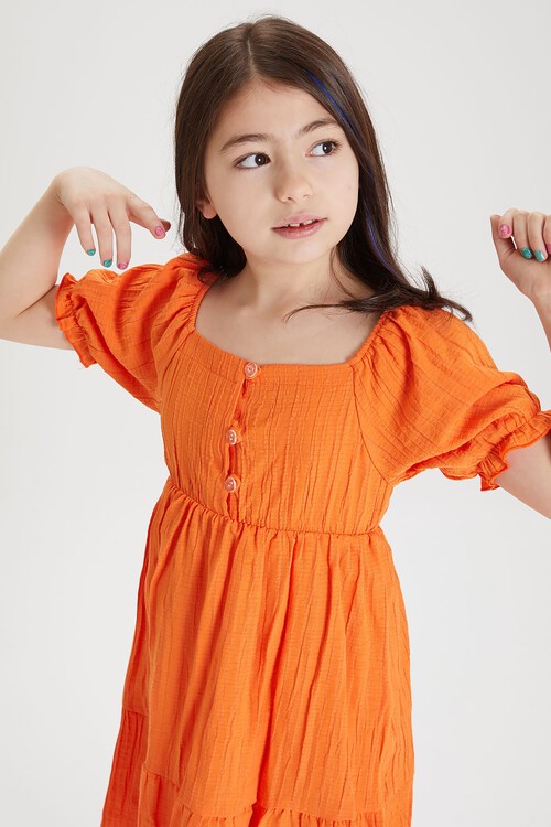 Turuncu Kız Çocuk Omuz Askılı Elbise 15083