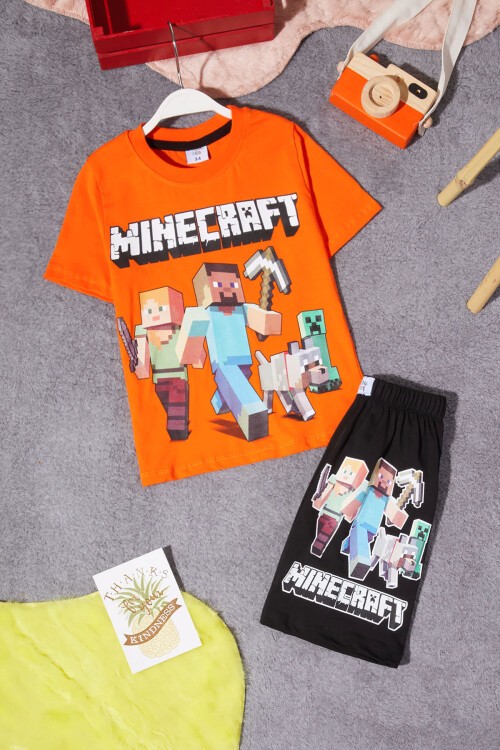 Turuncu Karakter Baskılı Erkek Çocuk Şortlu Takım 15276