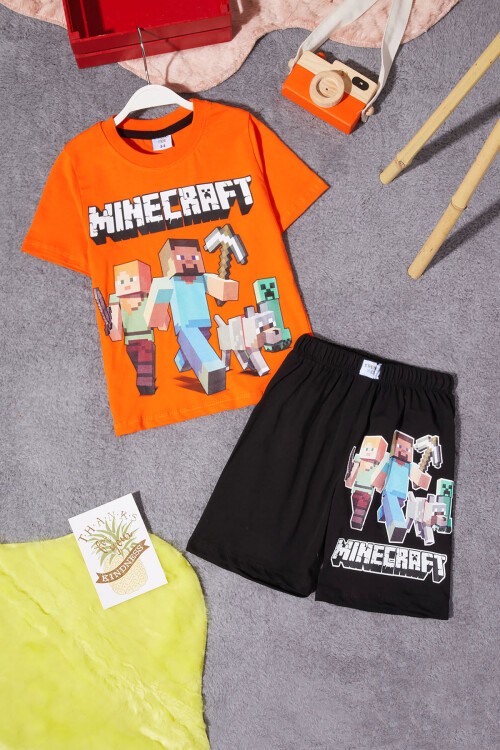 Turuncu Karakter Baskılı Erkek Çocuk Şortlu Takım 15276