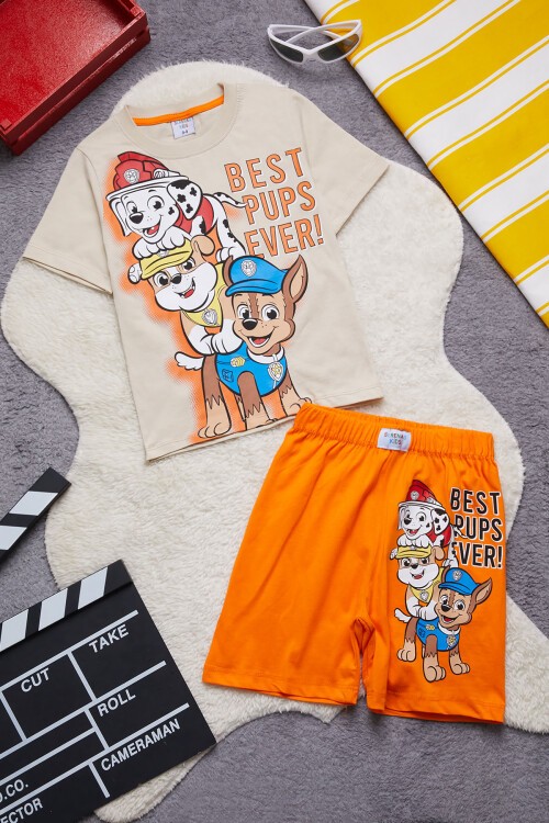 Turuncu Sevimli Köpek Baskılı Erkek Çocuk Şortlu Takım 15265