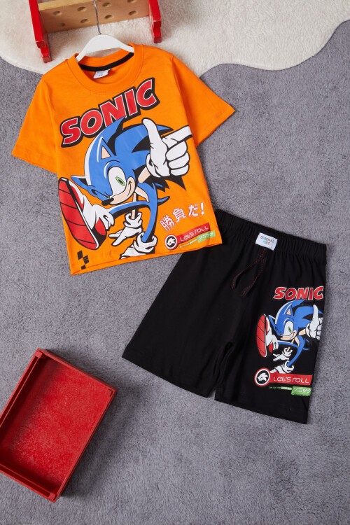 Turuncu Sonic Karakter Baskılı Erkek Çocuk Şortlu Takım 15286