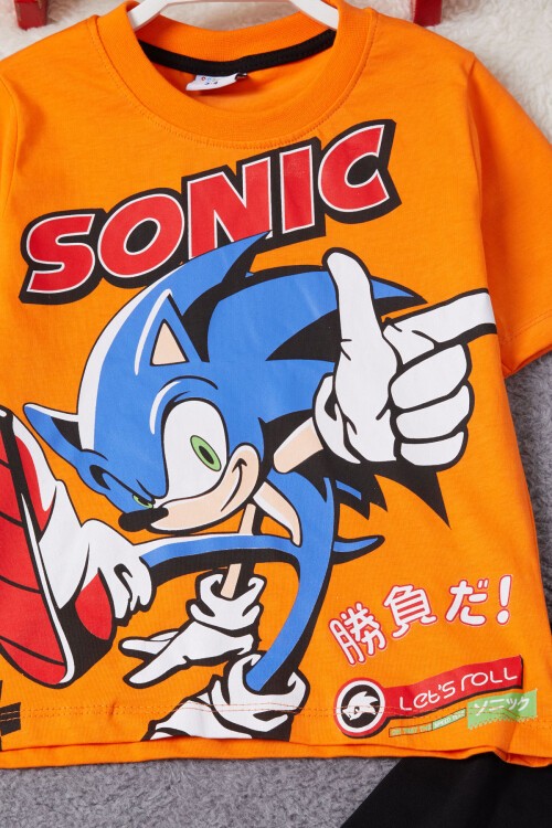 Turuncu Sonic Karakter Baskılı Erkek Çocuk Şortlu Takım 15286