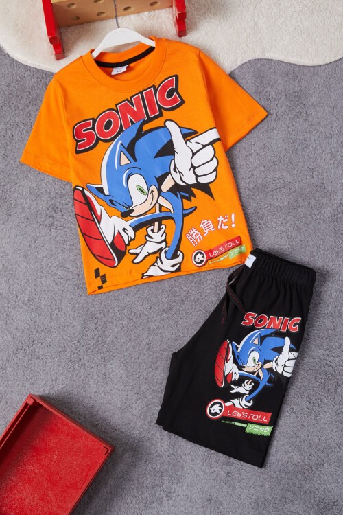 Turuncu Sonic Karakter Baskılı Erkek Çocuk Şortlu Takım 15286