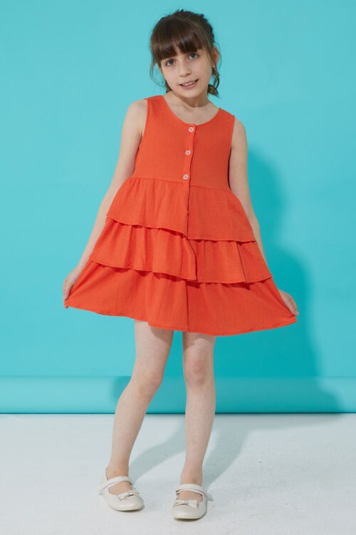 Turuncu Volanlı Düğmeli Kız Çocuk Elbise 15268