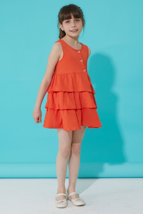 Turuncu Volanlı Düğmeli Kız Çocuk Elbise 15268