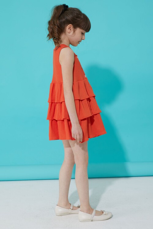 Turuncu Volanlı Düğmeli Kız Çocuk Elbise 15268