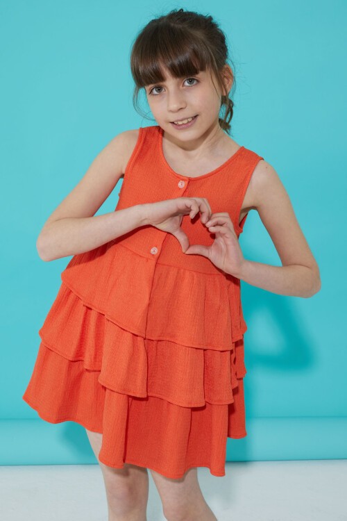 Turuncu Volanlı Düğmeli Kız Çocuk Elbise 15268