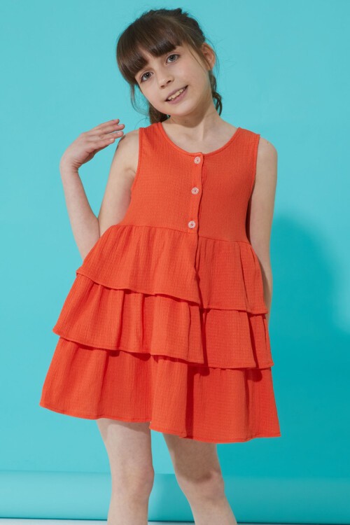 Turuncu Volanlı Düğmeli Kız Çocuk Elbise 15268