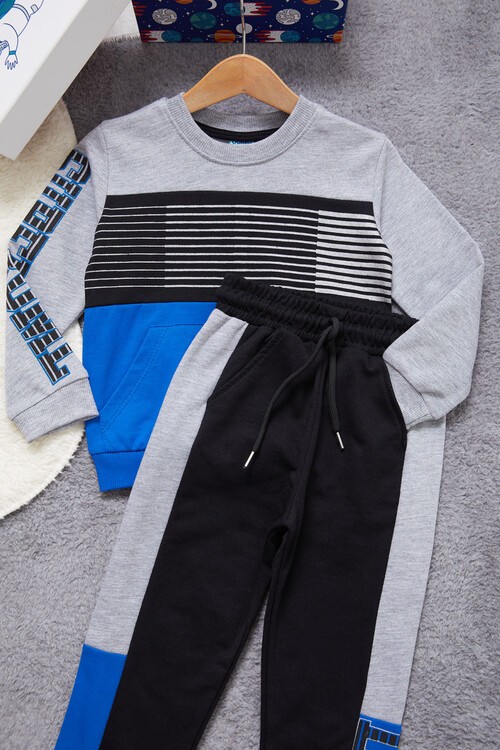 Yazı Baskılı Kanguru Cepli Mavi Erkek Çocuk Eşofman Takımı 14987