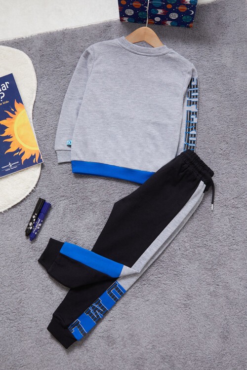 Yazı Baskılı Kanguru Cepli Mavi Erkek Çocuk Eşofman Takımı 14987