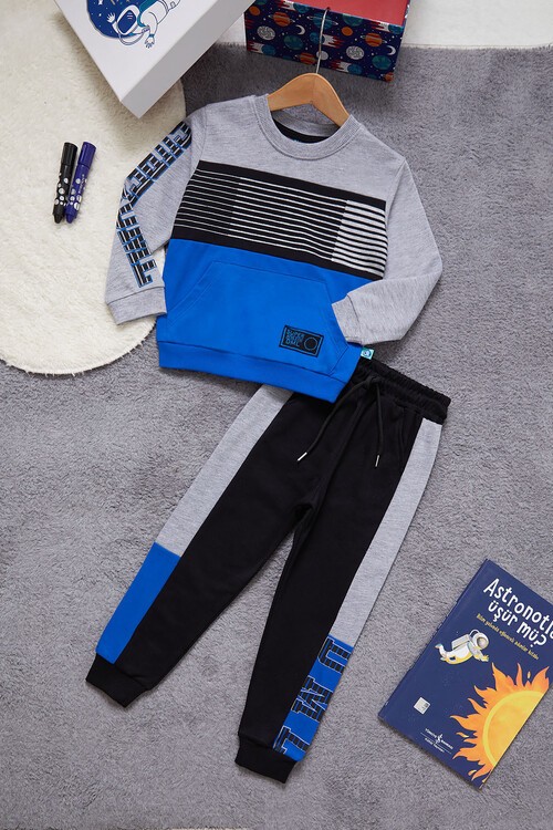 Yazı Baskılı Kanguru Cepli Mavi Erkek Çocuk Eşofman Takımı 14987