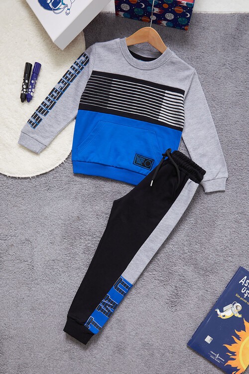 Yazı Baskılı Kanguru Cepli Mavi Erkek Çocuk Eşofman Takımı 14987