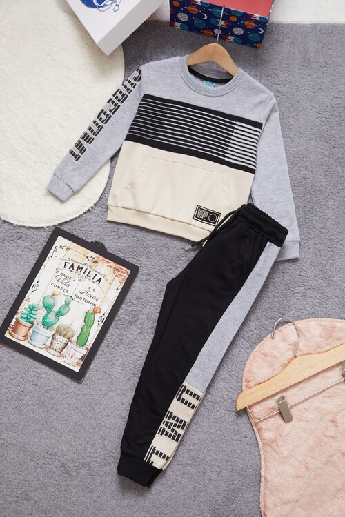 Yazı Baskılı Kanguru Cepli Krem Erkek Çocuk Eşofman Takımı 14987-2