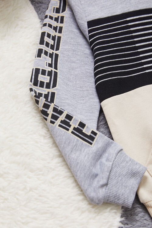 Yazı Baskılı Kanguru Cepli Krem Erkek Çocuk Eşofman Takımı 14987-2