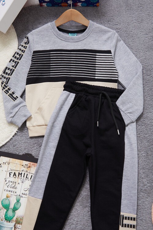 Yazı Baskılı Kanguru Cepli Krem Erkek Çocuk Eşofman Takımı 14987-2