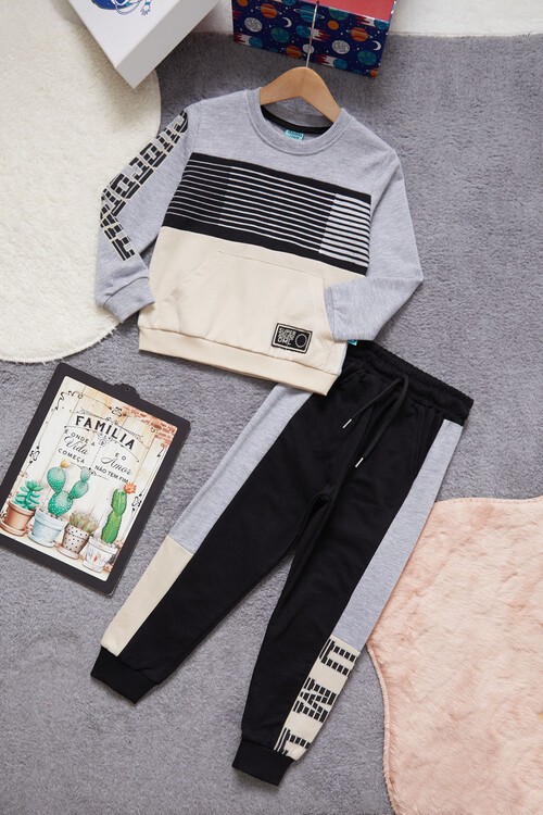 Yazı Baskılı Kanguru Cepli Krem Erkek Çocuk Eşofman Takımı 14987-2