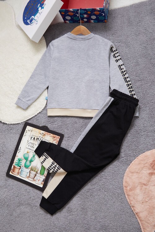 Yazı Baskılı Kanguru Cepli Krem Erkek Çocuk Eşofman Takımı 14987-2