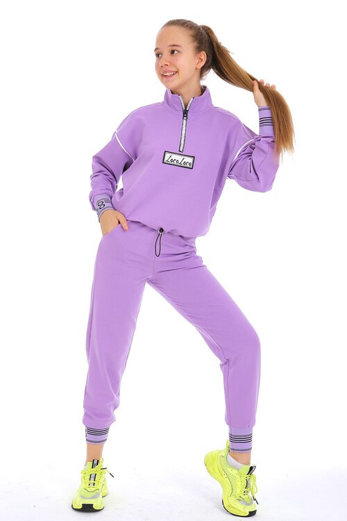 Yazı Nakışlı Fermuarlı Yaka Kız Eşofman Takımı 10-15 Yaş 15002