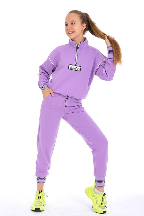 Yazı Nakışlı Fermuarlı Yaka Kız Eşofman Takımı 10-15 Yaş 15002