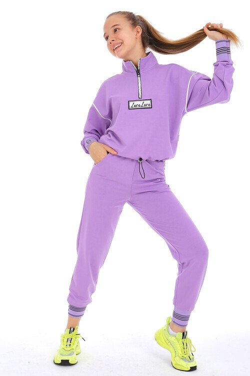 Yazı Nakışlı Fermuarlı Yaka Kız Eşofman Takımı 10-15 Yaş 15002