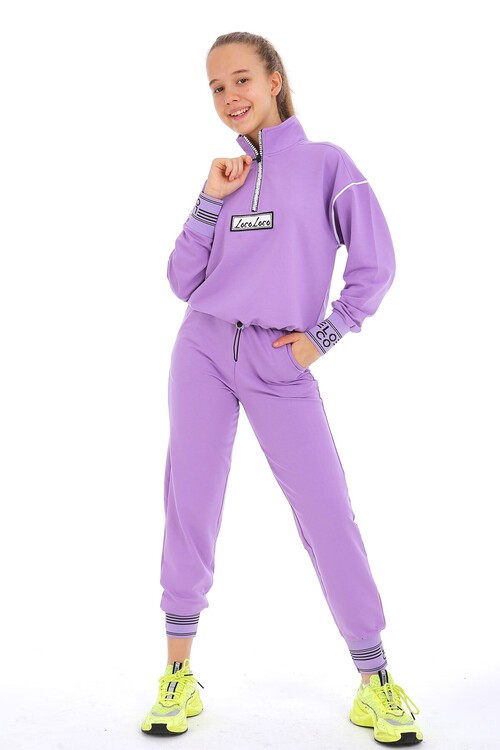 Yazı Nakışlı Fermuarlı Yaka Kız Eşofman Takımı 10-15 Yaş 15002