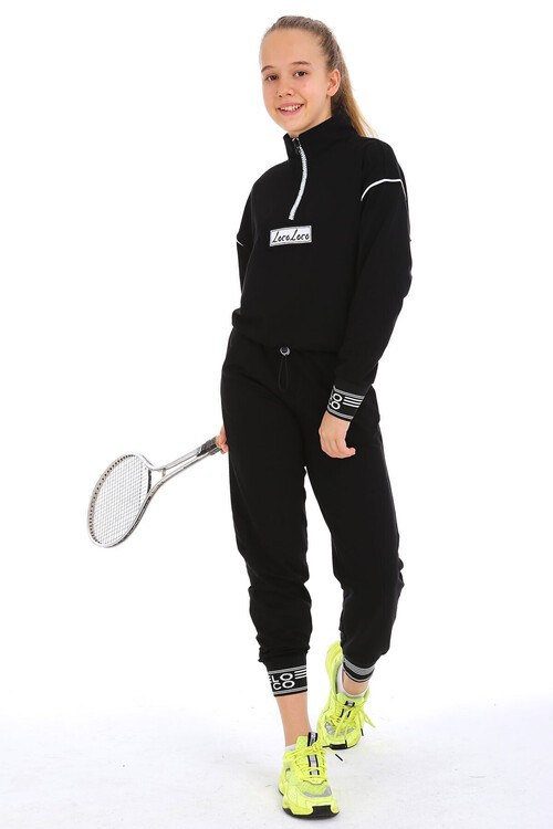 Yazı Nakışlı Fermuarlı Yaka Kız Eşofman Takımı 10-15 Yaş 15002