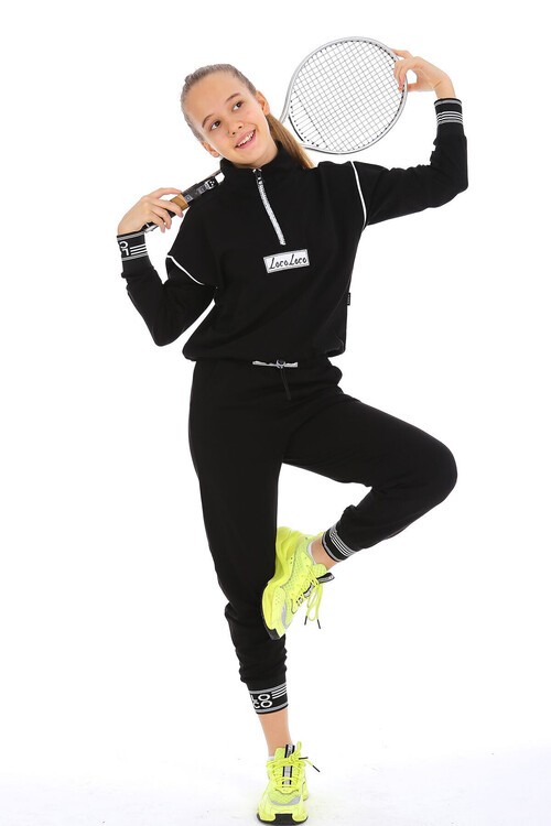 Yazı Nakışlı Fermuarlı Yaka Kız Eşofman Takımı 10-15 Yaş 15002