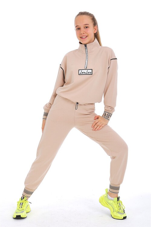 Yazı Nakışlı Fermuarlı Yaka Kız Eşofman Takımı 10-15 Yaş 15002