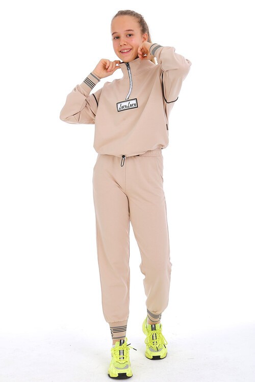 Yazı Nakışlı Fermuarlı Yaka Kız Eşofman Takımı 10-15 Yaş 15002