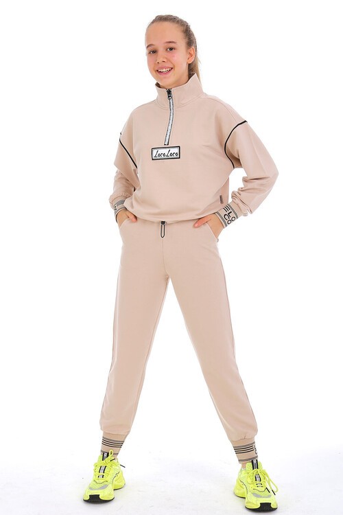 Yazı Nakışlı Fermuarlı Yaka Kız Eşofman Takımı 10-15 Yaş 15002