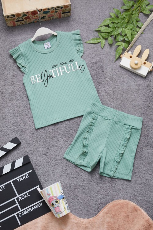 Yeşil Beautiful Yazılı Kız Çocuk Şortlu Takım 15349