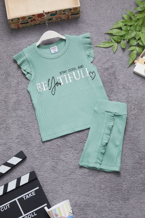 Yeşil Beautiful Yazılı Kız Çocuk Şortlu Takım 15349