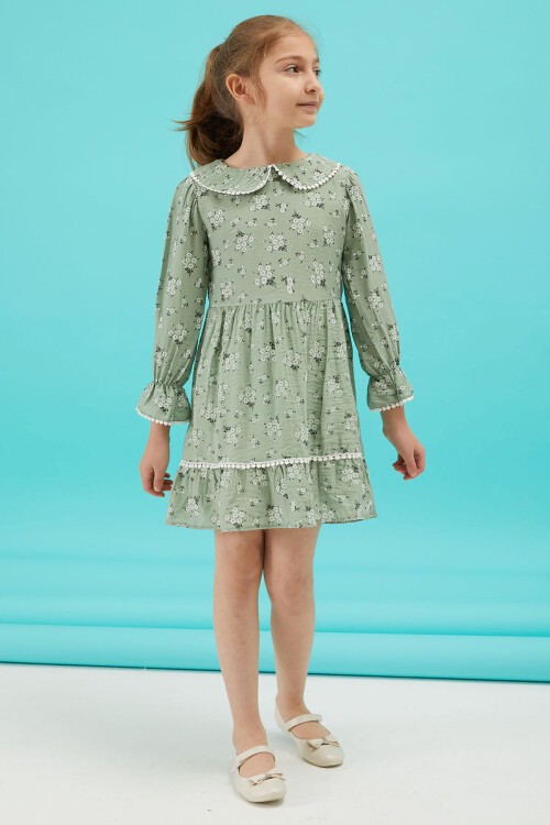 Yeşil Çiçek Desenli Dantel Detaylı Kız Elbise 15172