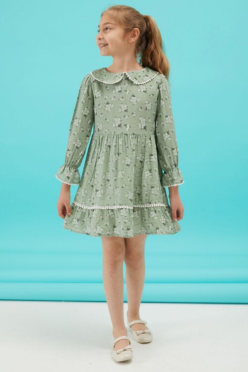 Yeşil Çiçek Desenli Dantel Detaylı Kız Elbise 15172