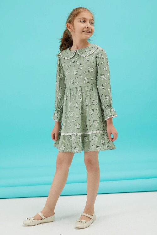 Yeşil Çiçek Desenli Dantel Detaylı Kız Elbise 15172