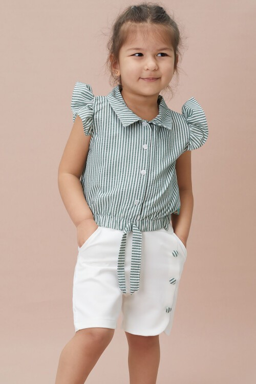 Yeşil Çizgili Gömlekli Şortlu Kız Takım 15114