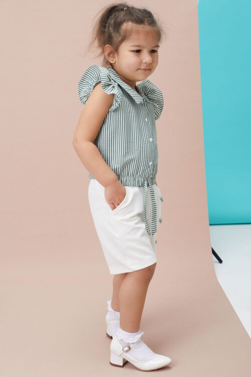 Yeşil Çizgili Gömlekli Şortlu Kız Takım 15114