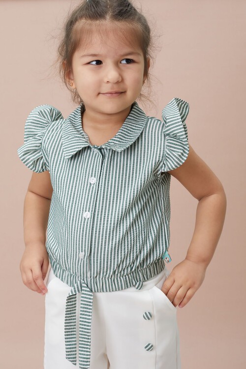 Yeşil Çizgili Gömlekli Şortlu Kız Takım 15114