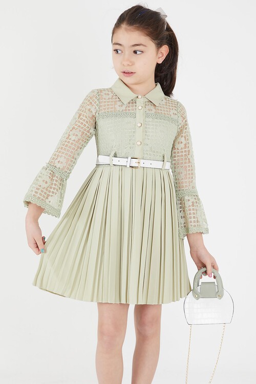 Yeşil Dantel İşlemeli Pileli Çanta ve Kemerli Kız Elbise 15111