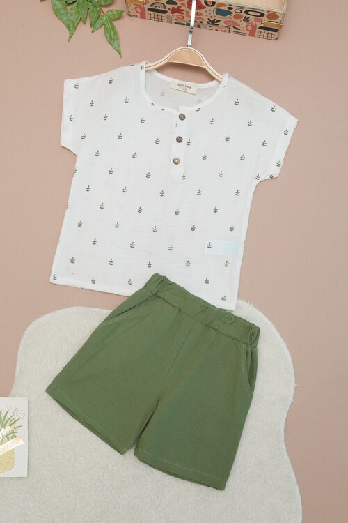 Yeşil Erkek Bebek Desenli Gömlekli Şortlu Takım 15138