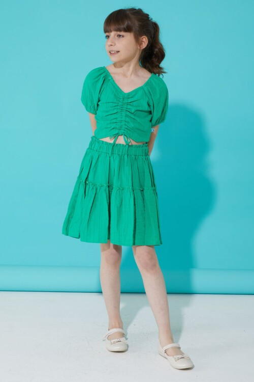 Yeşil Etekli Askılı Bluzlu Kız Çocuk Takım 15342