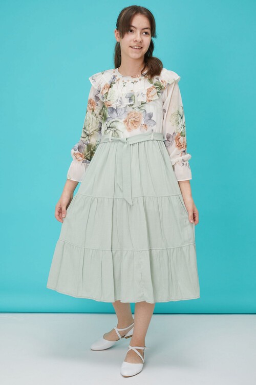 Yeşil Gül Desenli Boncuk İşlemeli Kuşaklı Kız Elbise 15122