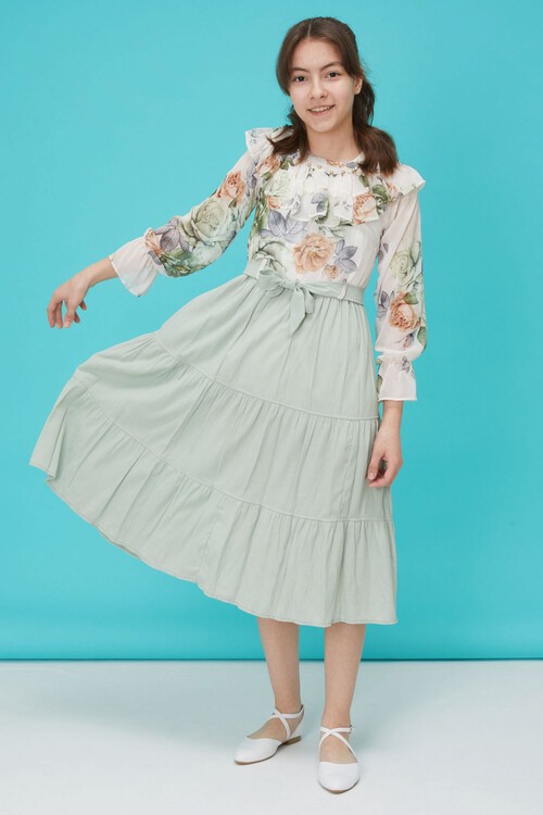 Yeşil Gül Desenli Boncuk İşlemeli Kuşaklı Kız Elbise 15122