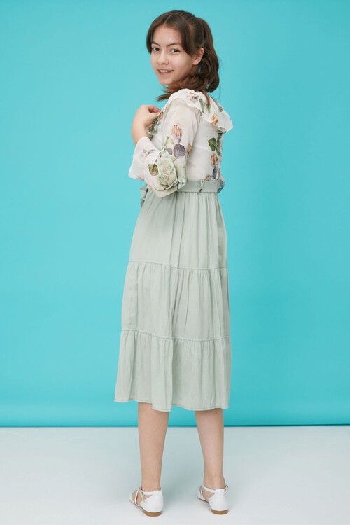 Yeşil Gül Desenli Boncuk İşlemeli Kuşaklı Kız Elbise 15122