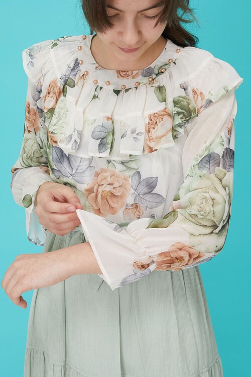 Yeşil Gül Desenli Boncuk İşlemeli Kuşaklı Kız Elbise 15122