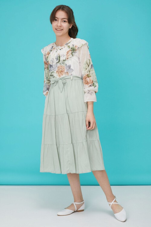 Yeşil Gül Desenli Boncuk İşlemeli Kuşaklı Kız Elbise 15122