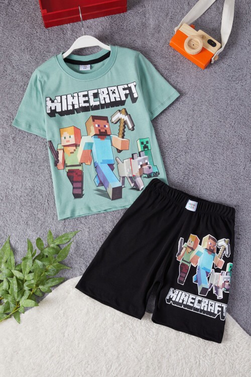 Yeşil Karakter Baskılı Erkek Çocuk Şortlu Takım 15279